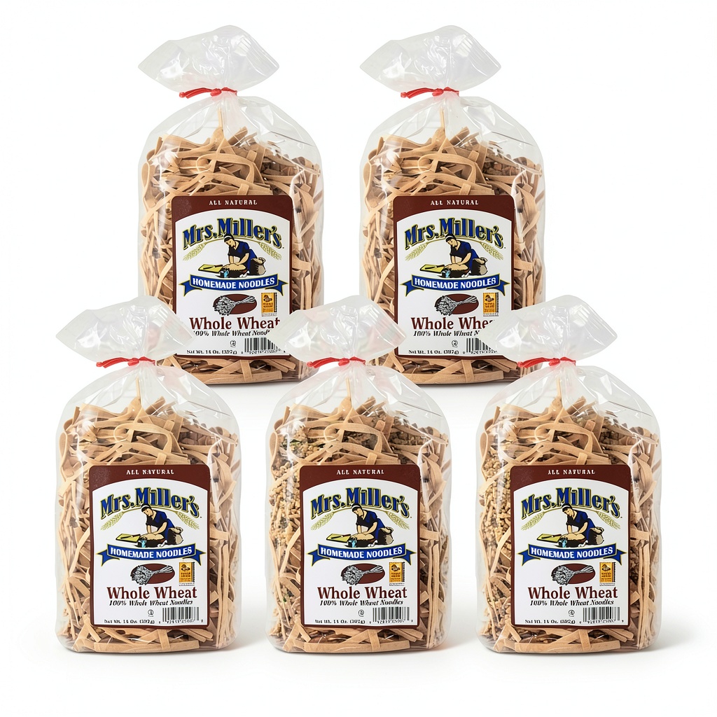 'Mrs. Miller's Whole Wheat Noodles displayed in a kitchen setting'