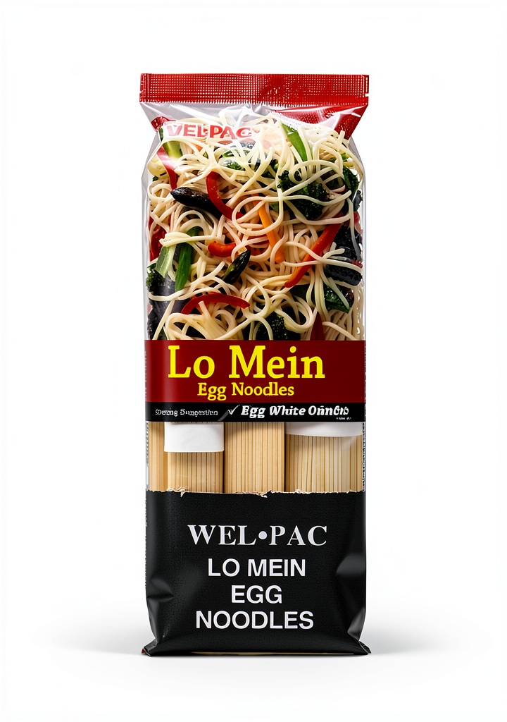 Welpac dried egg noodles in packaging showing ingredients and size