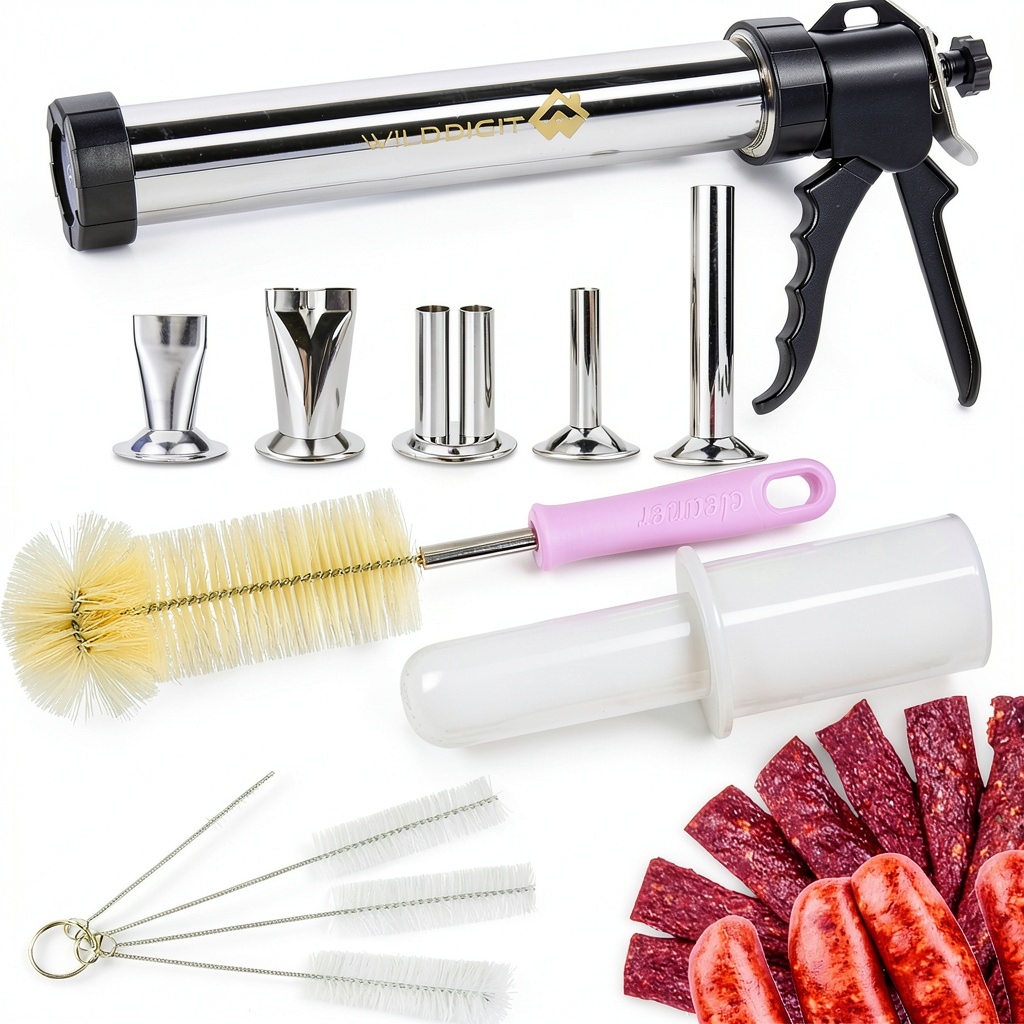 Wilddigit jerky gun being used to press meat onto a dehydrator tray