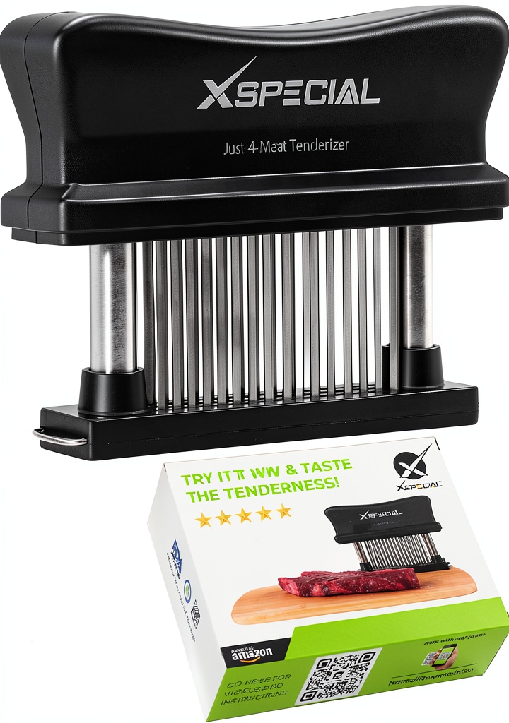 XSpecial meat tenderizer being used on a steak on a cutting board