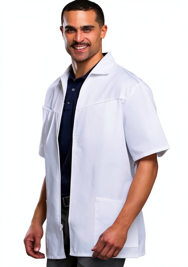 CHEROKEE Mens Zip Front Jacket White Scrub Coat with Chest Pockets-1