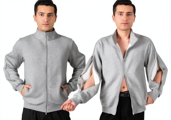 Mens Sherpa Lined Dialysis Jacket CEBIL Gray Stand Collar Zip Access-0