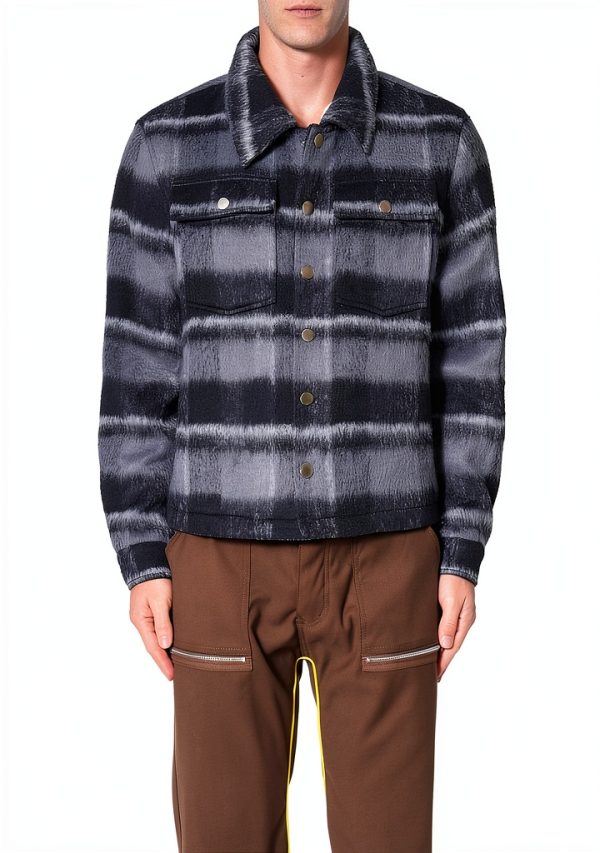 mnml Men's Brushed Flannel Jacket - Multi-Color Plaid, Black/Grey-0